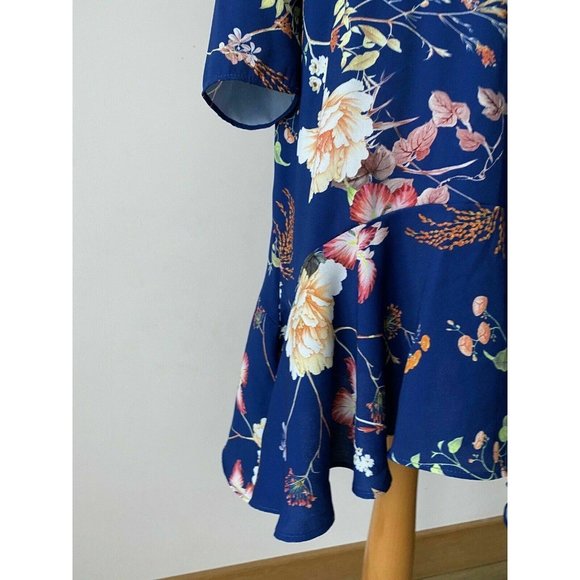 River Island Navy Blue Floral Long Sleeve Dress Size 10 Neck Hollow Bow Tie Back - Picture 7 of 9
